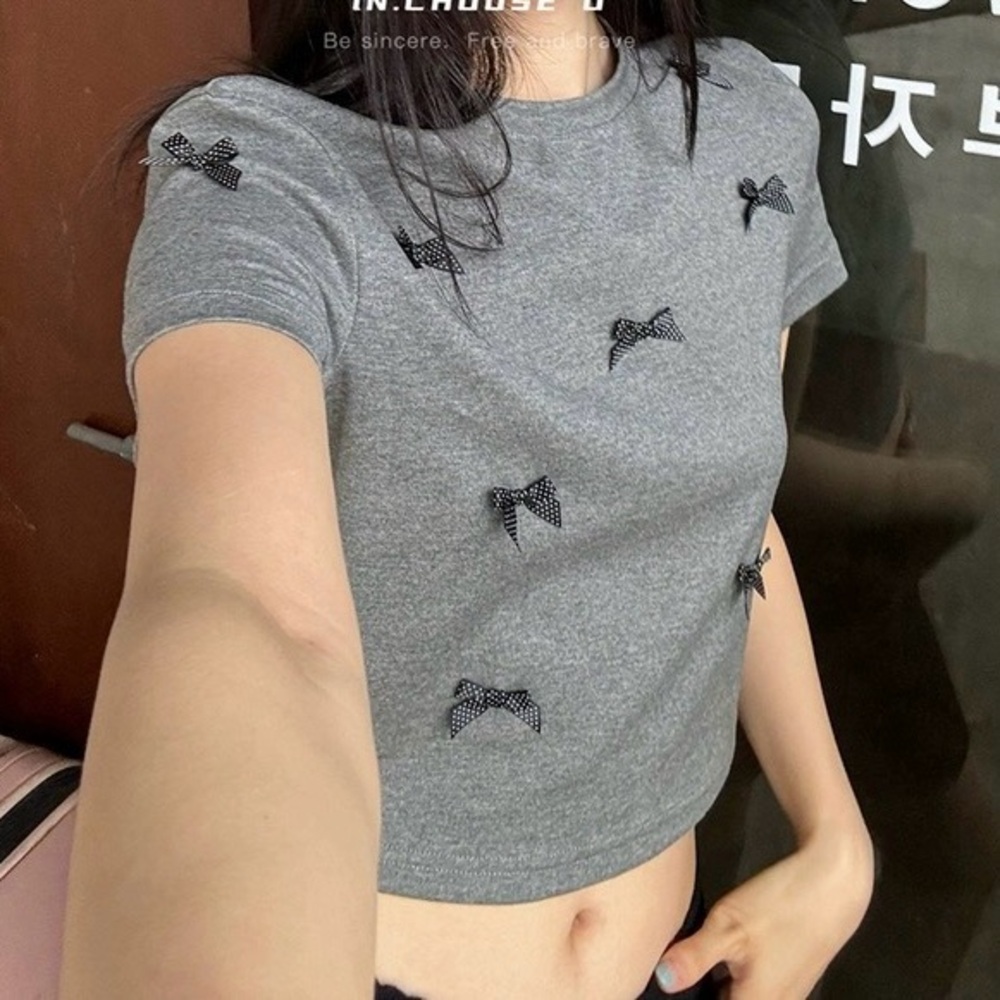 Cute Dots Bow Cotton Shirt Cropped T-shirt With Full Bows Contrast Trendy Top